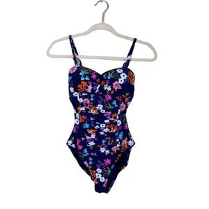 Navy Blue Floral Print One Piece Ruched Swimsuit Size 6